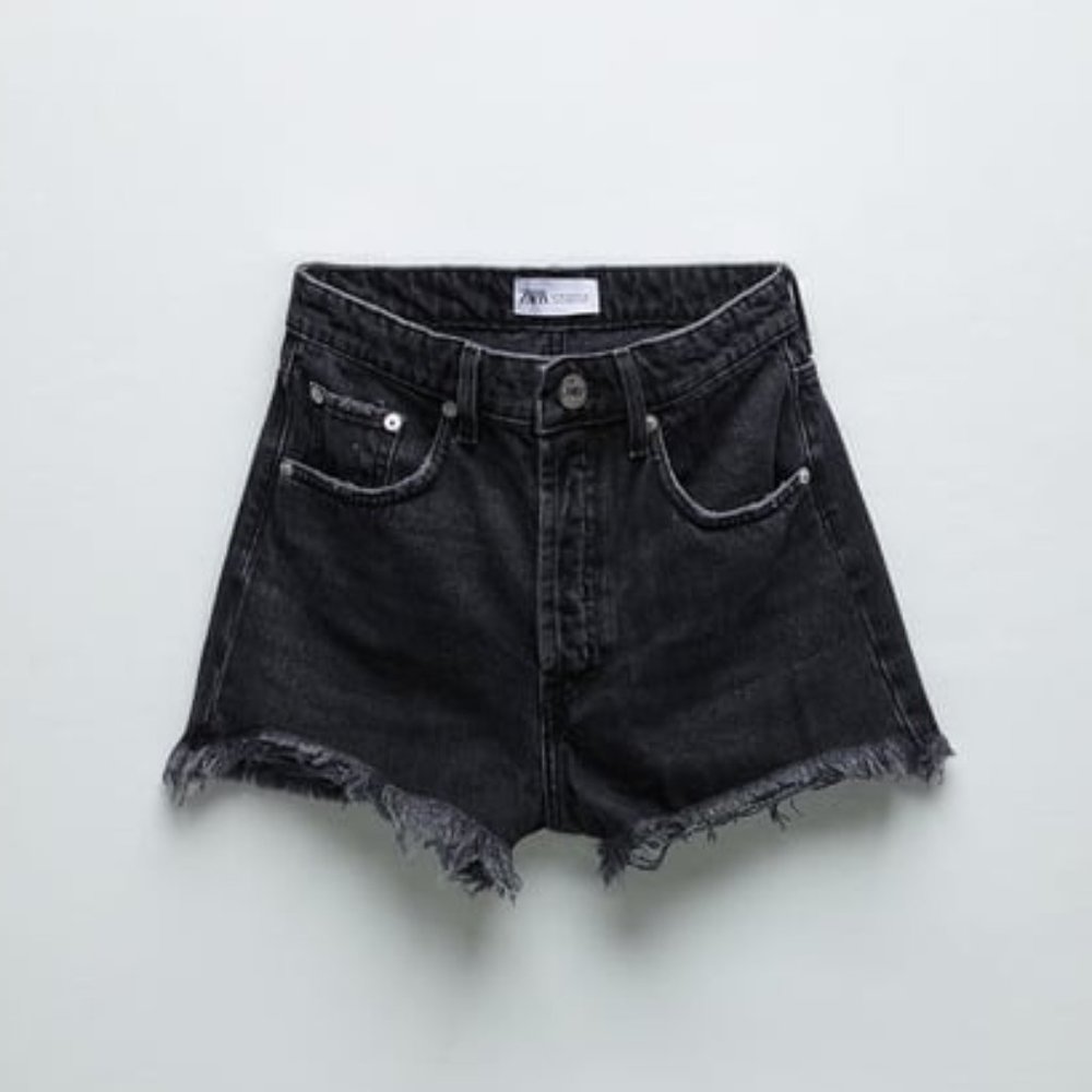 Zara Frayed High Rise Black Denim Shorts 6